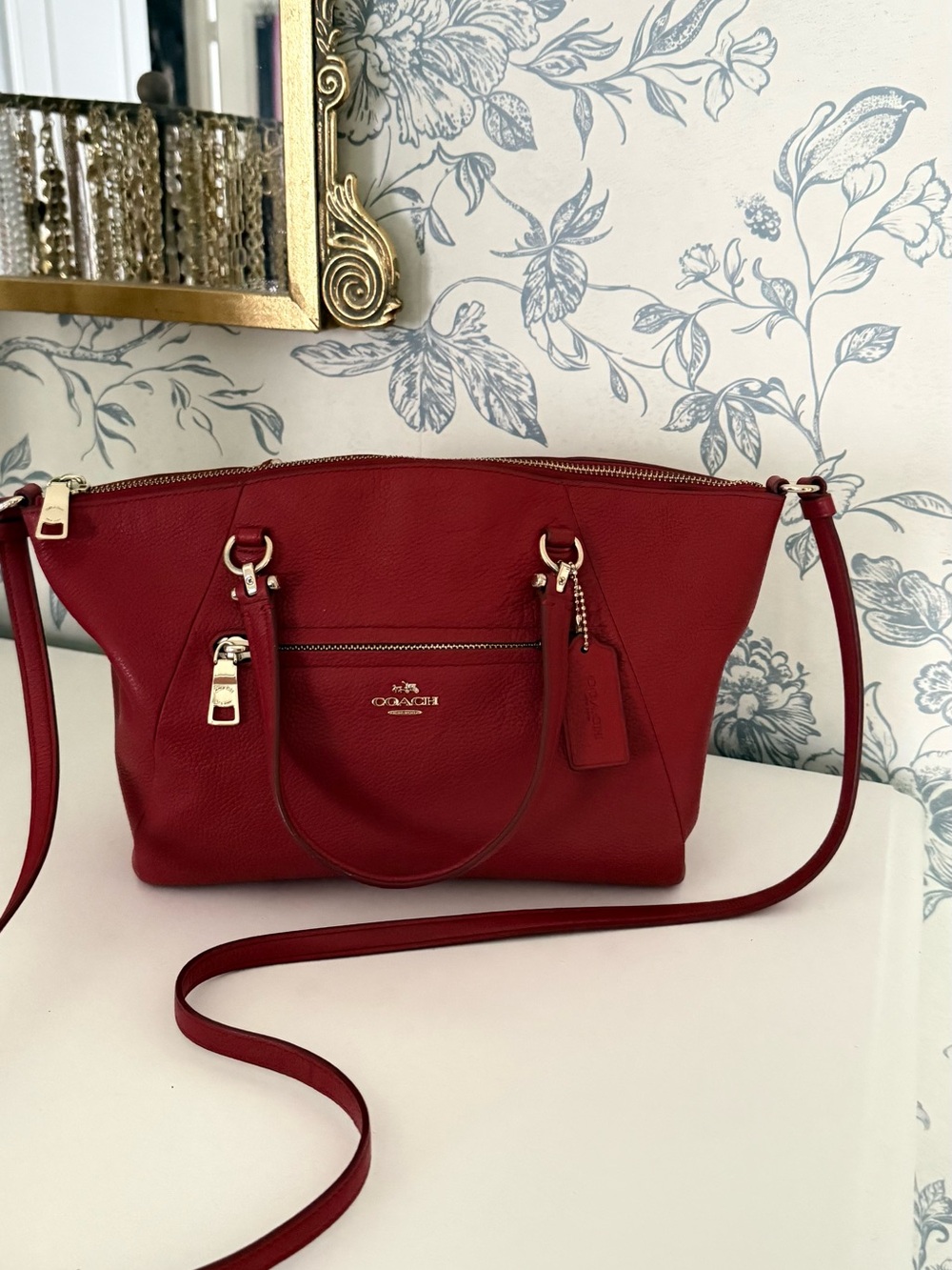 Coach Red Pebbled Leather Shoulder Bag with Gold Hardware